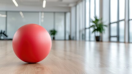 Red exercise ball on light-wood gym floor, spacious bright interior. Use for health & fitness