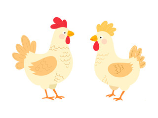 Cute rooster and hen in farm cartoon style on white isolated background. Vector kids - friendly illustration in countryside life concept. For cartoon characters, children's books, postcards.