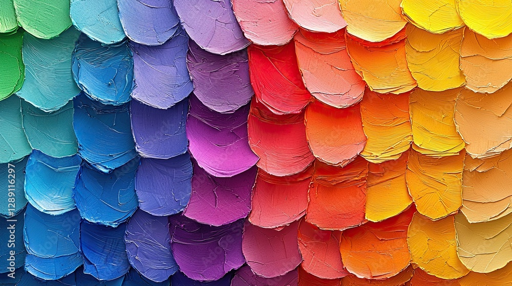 Poster Textured abstract background with a vibrant multicolor pattern resembling overlapping paint strokes or fish scales.