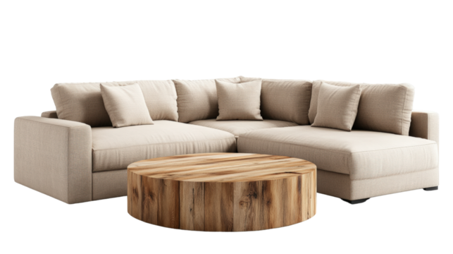 Wooden coffee table with decorative pillows arranged on top in a cozy living room setting isolated on transparent background..