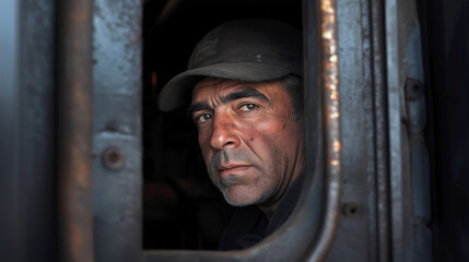 Man in window urban setting portrait intimate environment close-up