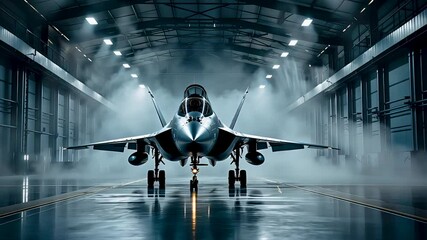 Powerful fighter jet in a dimly lit aircraft hangar with dramatic lighting and reflections on the floor
