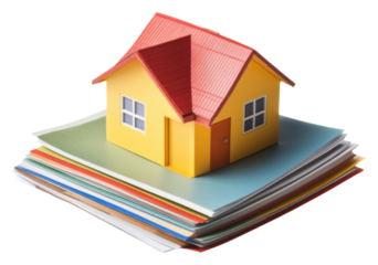 PNG A colorful model house sits atop a stack of vibrant paper sheets, showcasing a playful and creative design.