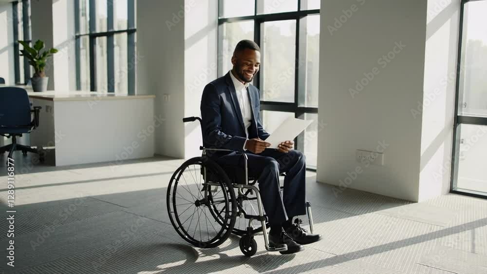 Poster confident professional black businessman in a suit sits in a wheelchair and reads documents in a mod