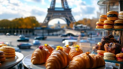 A tray of colorful macarons and croissants with the Eiffel Tower in the background on a beautiful day in Paris - Powered by Adobe