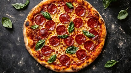 A delicious pepperoni pizza topped with fresh basil leaves, captured from above with a dark, textured background.