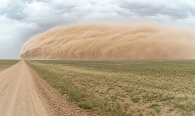 Fototapeta premium A massive dust storm rolls across a flat, arid landscape, obscuring the horizon. A dirt road stretches towards the approaching storm. 