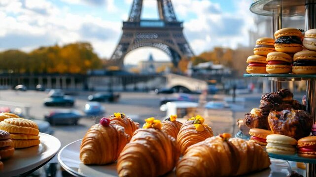 A tray of colorful macarons and croissants with the Eiffel Tower in the background on a beautiful day in Paris