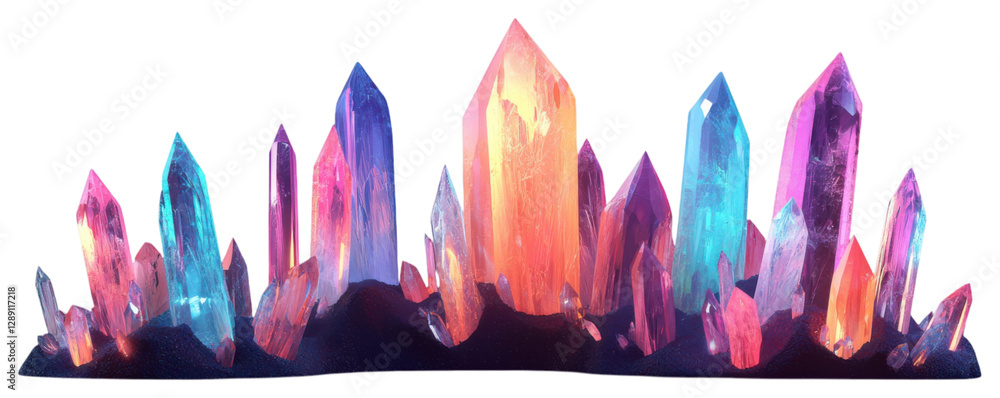 Poster png a vibrant cluster of multi-colored crystals, showcasing sharp points and a range of hues from pi