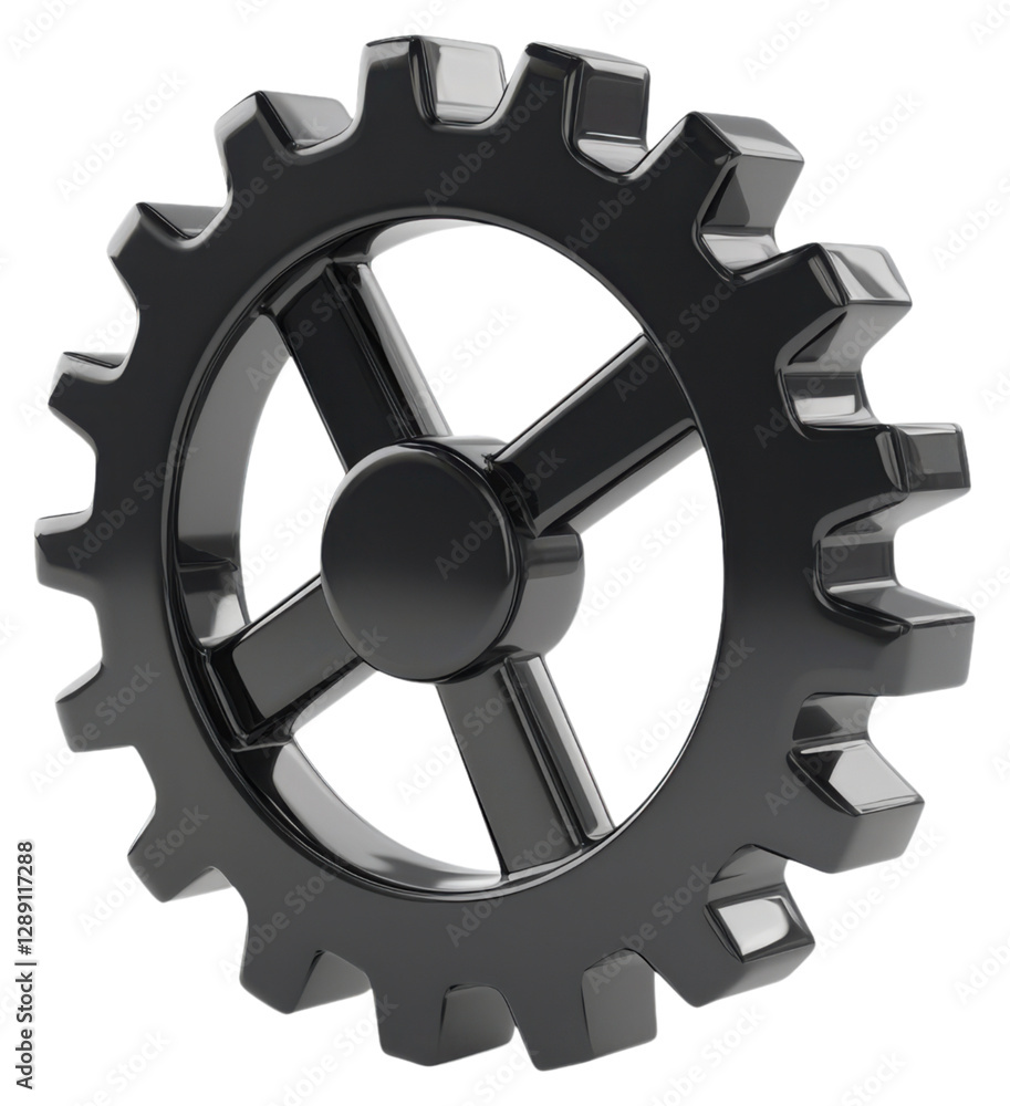 Poster PNG A three-dimensional black gear with a circular shape and distinct teeth, symbolizing machinery and mechanical functions.