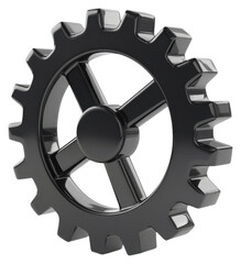 PNG A three-dimensional black gear with a circular shape and distinct teeth, symbolizing machinery and mechanical functions.