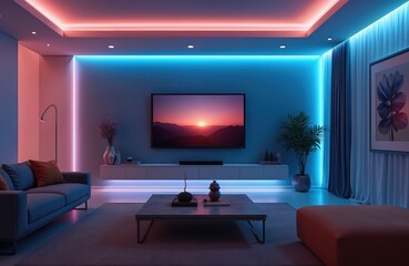 Fototapeta premium Modern interior design of living room at night with flat screen TV mounted on wall above shelf. Home cinema with blue, pink neon lights. Couch, table, plant on background. AI-generated home