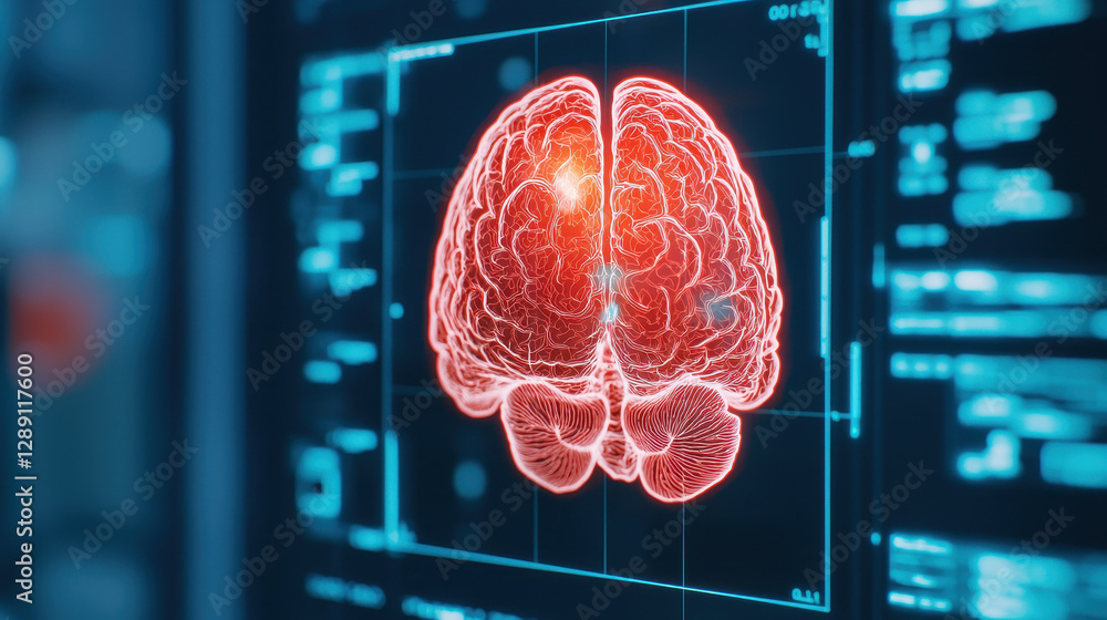 Poster digital healthcare and network concept, digital brain scan with neural activity visualization and da