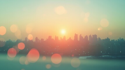 A serene sunset over a city skyline, with warm orange and pink hues blending in the sky, creating a peaceful atmosphere.