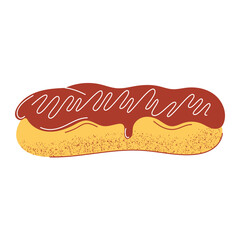Eclair with chocolate glaze, vector illustration, flat hand drawn style. Popular baked food, pastry or dessert perfect for breakfast, snack. For sticker, web design, bakery, cafe, restaurant or bar.