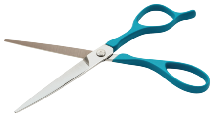 PNG A pair of scissors with blue handles and shiny stainless steel blades.