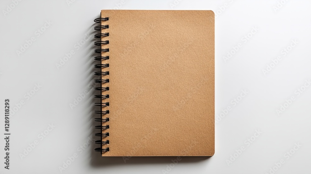 Poster modern kraft brown spiral-bound notebook with sharp edges on a clean white surface