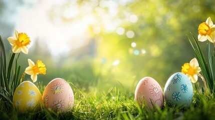 Colorful Easter eggs nestled in grass surrounded by blooming daffodils, creating a cheerful spring atmosphere.