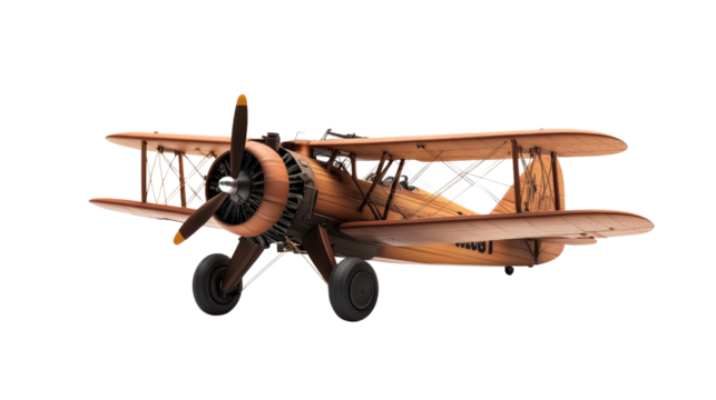 Small wooden airplane flying through clear blue sky with soft clouds in a bright daylight scene isolated on transparent background..