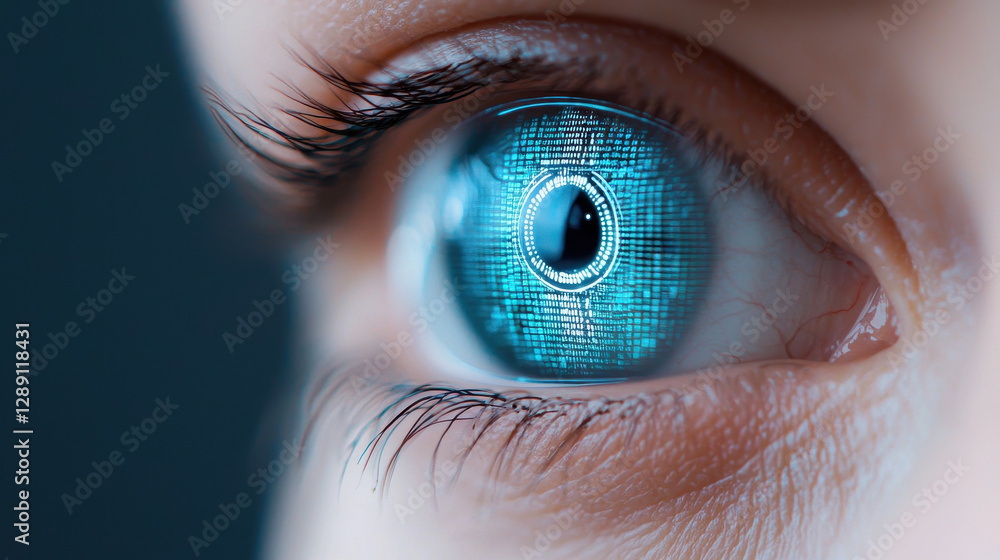 Poster digital healthcare and network concept, close up of human eye with digital technology and data visua