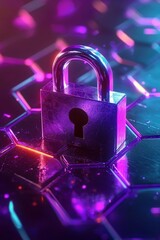 Digital security lock with checkmark symbol in a futuristic neon design