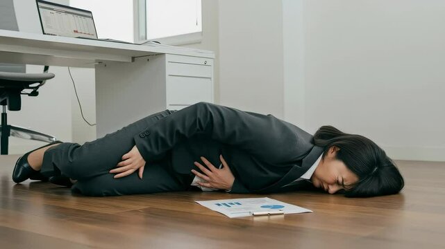 オフィスの床に書類と倒れて腹痛に耐える女性