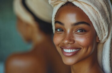 Black woman smiling at herself in the mirror with towel after spa