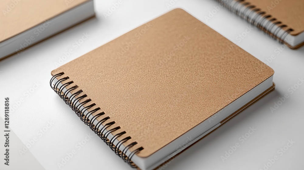Poster modern kraft brown spiral-bound notebook with sharp edges on a clean white surface