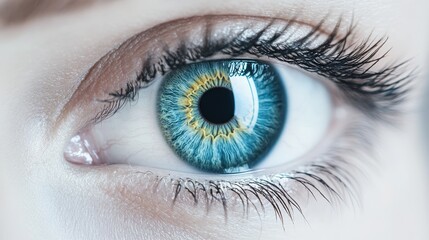 Obraz premium Close-up shot of a female eye with vibrant blue and yellow iris, showcasing intricate details and long eyelashes.