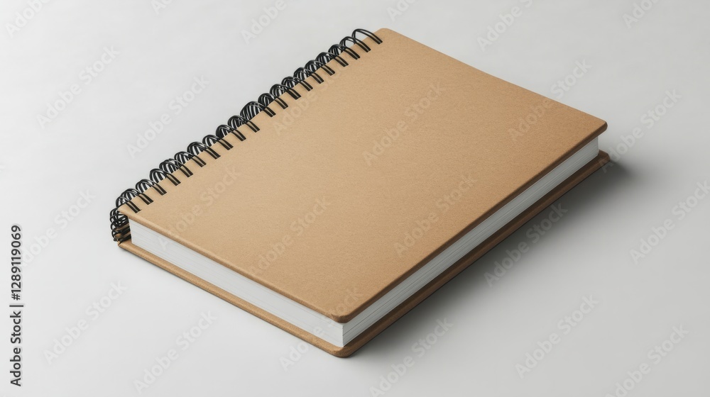 Poster modern kraft brown spiral-bound notebook with sharp edges on a clean white surface