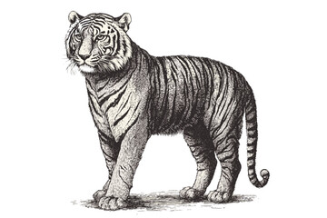 Antique style tiger vector illustration, old engraving sketch, black effect, fierce predator, vintage art print design, trendy wildlife illustration, wildlife sketch drawing.