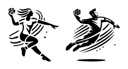 Male and female handball players in action. Black silhouettes