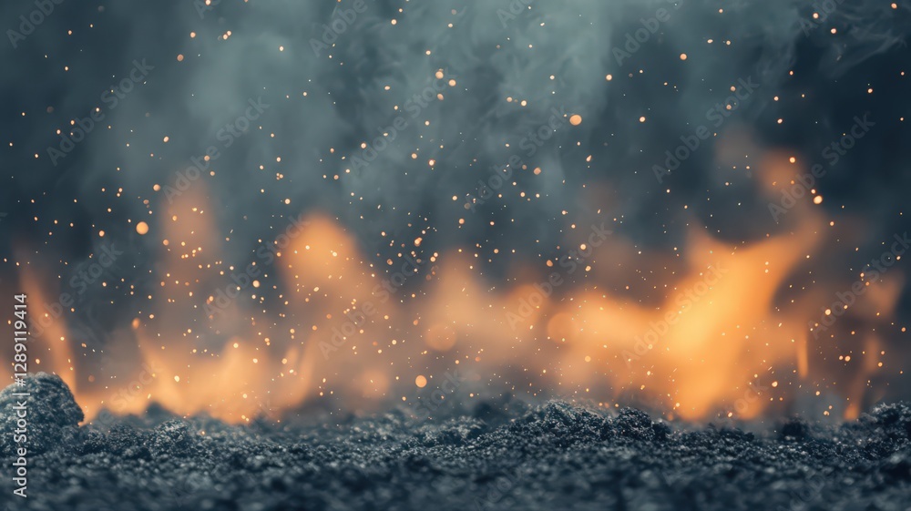 Poster close-up view of burning embers and sparks with dark smoke, creating a dramatic and intense atmosphe