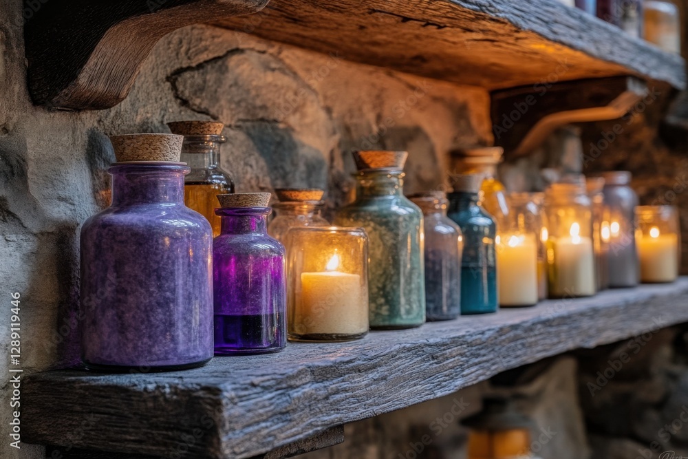 Aufkleber enchanting apothecary shelf adorned with colorful potion vials illuminated by soft candlelight in a 