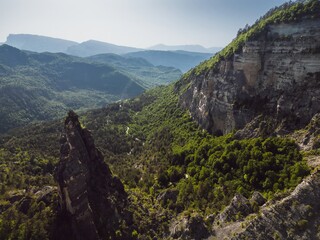 sheer cliffs, rock massif Sairme pillars in Georgia in caucasus, aerial view