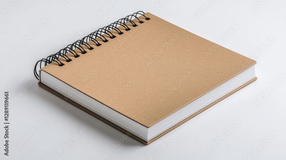 Poster modern kraft brown spiral-bound notebook with sharp edges on a clean white surface