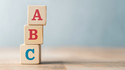 Stacked alphabet blocks: Learn the basics. Educational toys for learning and fun! A, B, and C letters on wooden cubes. Early childhood development.