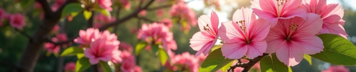 Obraz premium Pink flowers fill the air as they bloom on a tall tree, blossoms, garden, foliage