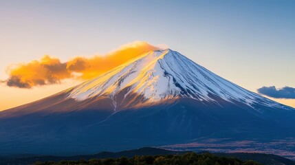 A breathtaking frontal view of Mt. Fuji at sunrise, with the warm colors of the sky casting a golden glow over the snow-covered summit.