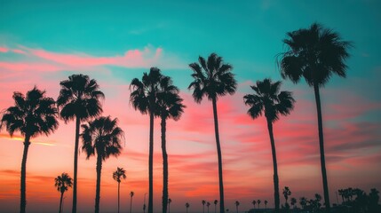 Naklejka premium Silhouetted palm trees against a vibrant pink and blue sunset sky.