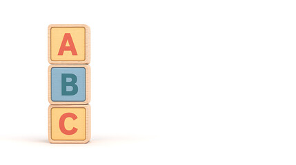 A stack of wooden toy blocks, each displaying a different letter. The blocks are stacked on top of each other in alphabetical order. The first block is "A".
