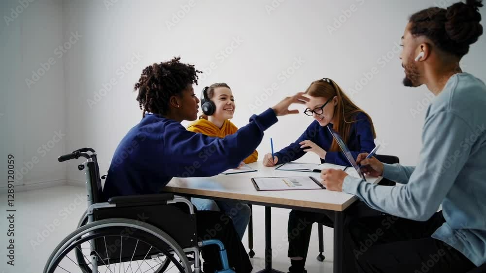 Poster diverse student group collaborating with teacher, including wheelchair user, working together on edu
