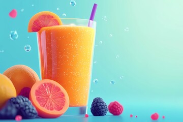 Fototapeta premium Fresh fruit smoothie in a glass with a straw, surrounded by vibrant ingredients, creating a refreshing and healthy concept, book illustration style