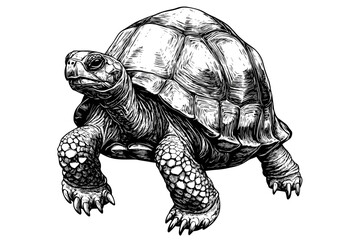 Vintage art, hand-drawn tortoise in old engraving style, trendy illustration, black sketch effect, animal print, white background, wildlife design, antique style, retro drawing, decorative animal.