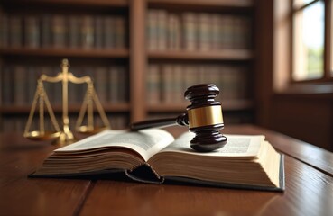 Open law book and judge gavel lie on table against background of bookshelf and scales of justice. Concept of justice, legal rights, court hearing, study of law.