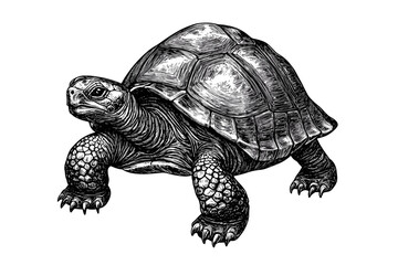 Black sketch effect, hand-drawn tortoise, vintage art, trendy illustration, animal print, old engraving style, white background, classic wildlife drawing, decorative retro art.