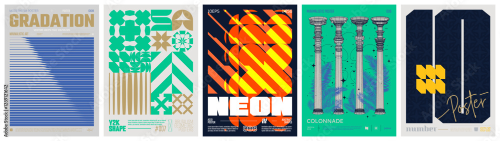 Aufkleber set modern art colorful trendy poster, abstract geometric a4 composition graphic in y2k aesthetics, 