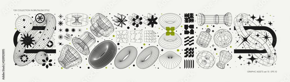 Poster Vector graphic assets set in acid style, retro futuristic background with wireframe elements of different forms, bold modern shapes for design template, poster, stickers, banner in Y2k style set 15