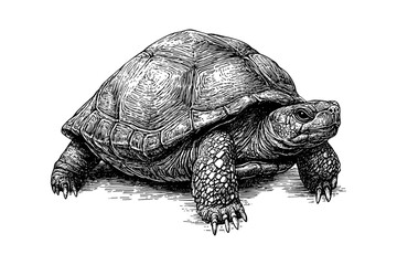 Old engraving style tortoise, vintage art, trendy illustration, black sketch effect, animal print, white background, wildlife design, classic retro drawing, antique illustration.