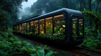 Naklejka premium A modern train car, integrated beautifully into the lush greenery of a jungle, showcases the harmony between nature and contemporary design, symbolizing innovation and exploration.
